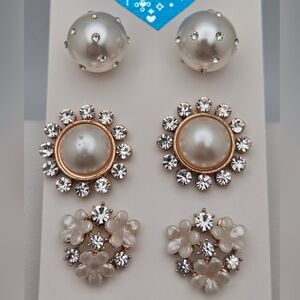 Set of 3 Faux Pearl & Rhinestone Earrings Silver & Gold Tone Vintage Dressy